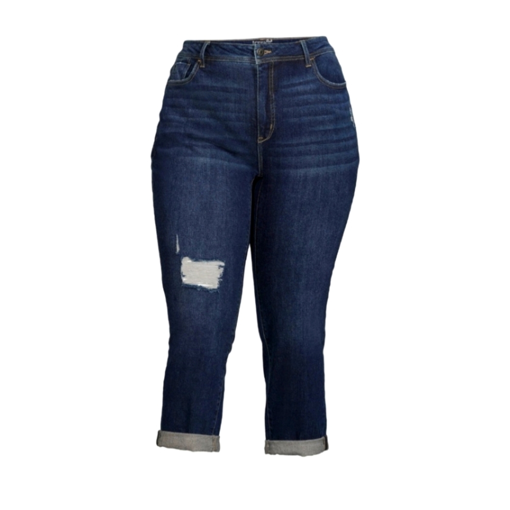 Terra & Sky Women's Plus Size Distressed Slim Boyfriend Jean Capri